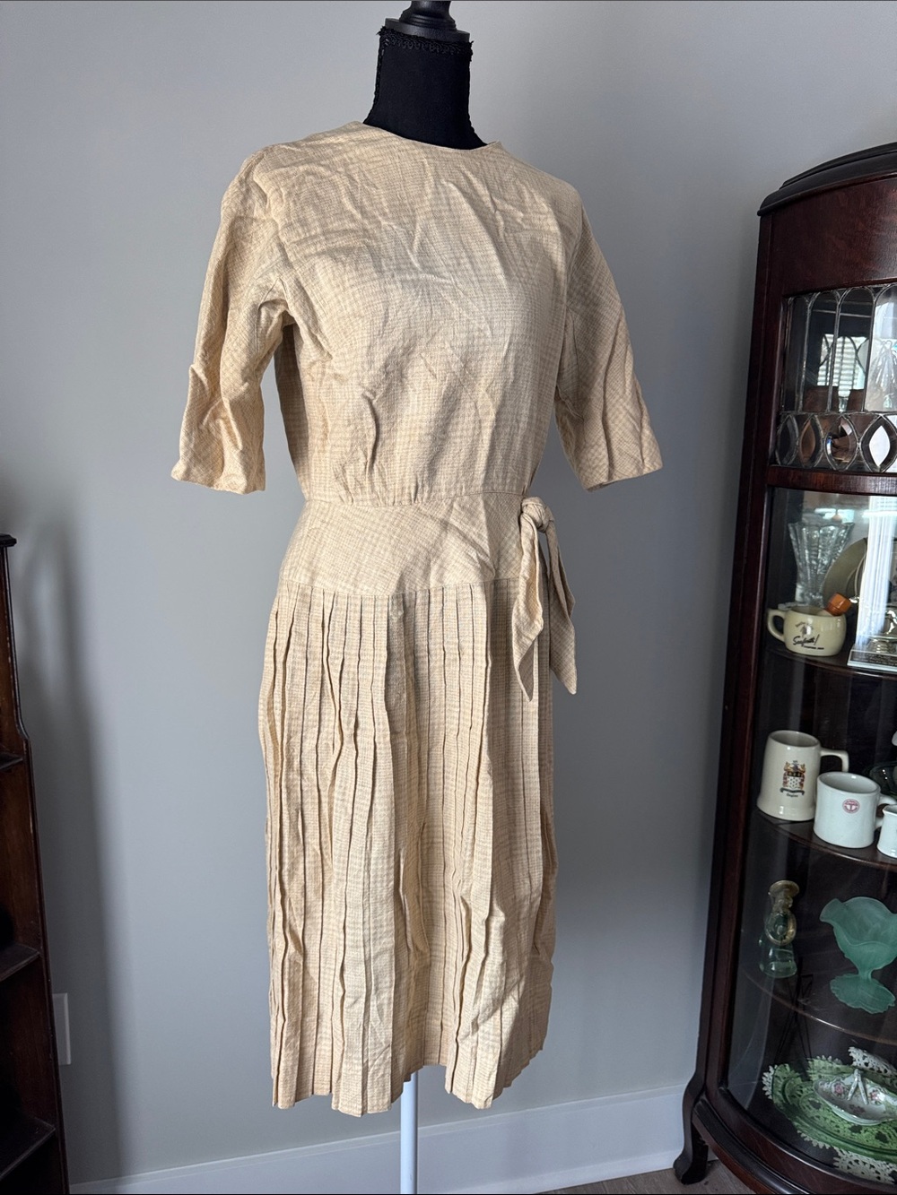 Vintage 60's Leslie Fay Cream Pleated Midi Dress with Waist Tie